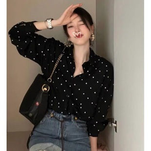 2025 Spring Plus Size Women's Korean Chic Hepburn Style Lapel Contrast Polka Dot Loose Versatile Long-Sleeved Shirt
