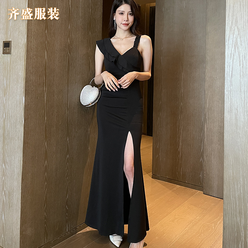 Light Luxury Socialite Banquet Spaghetti Strap Slim-Fit Slimming Black Fishtail Long Dress Evening Gown Ktv High Slit Elegant