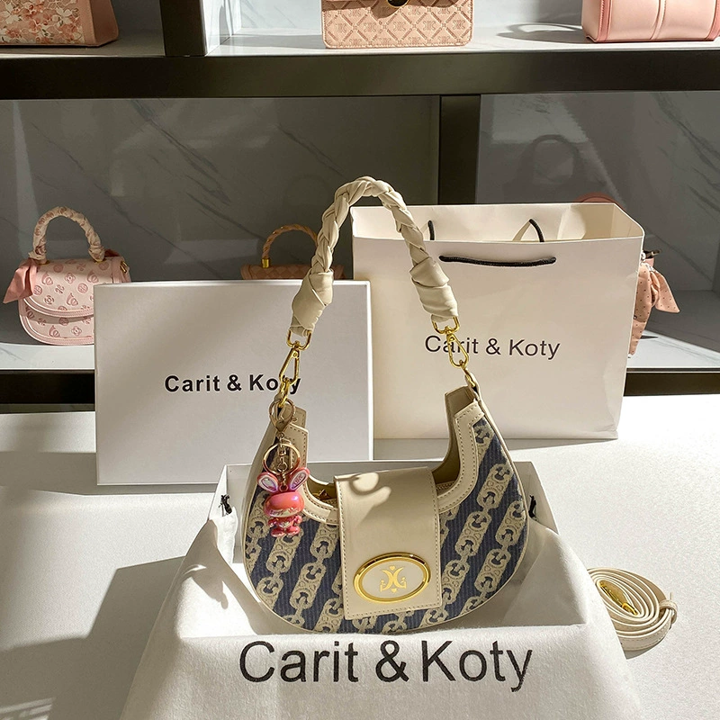 Underarm One-Shoulder Bag (Carit & Koty) Woven Crescent, Braided Handle & Detachable Strap, Multi Colors