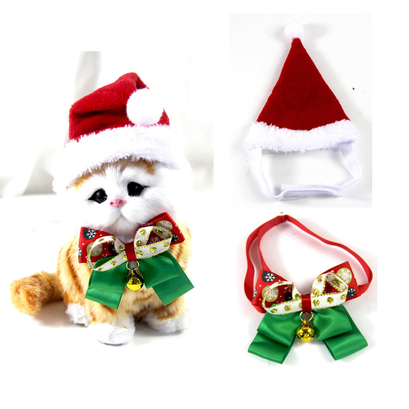 Accesorios de traje de Navidad para mascotas perro Bell pajarita con collar de gato sombrero de Navidad bufanda de doble cara material de terciopelo al por mayor