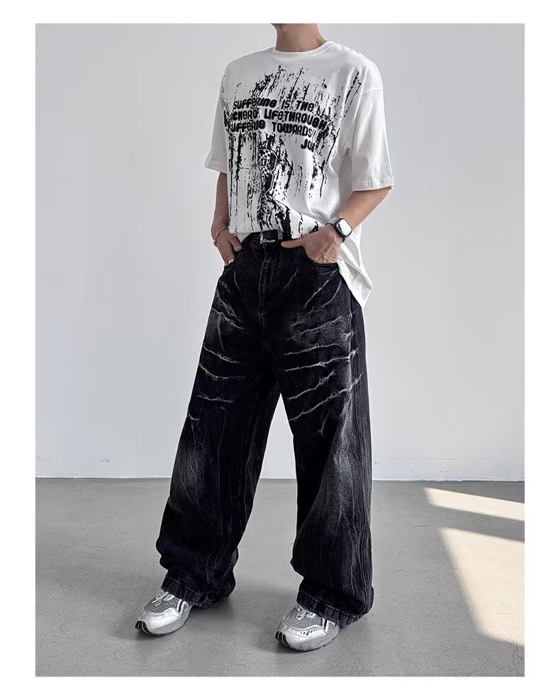 American Style Rivet Lightning Denim Jeans For Men And Women, Wide-Legged Distressed Wash Vintage Drop-Crotch Trousers, Trendy Streetwear Design_mkmklike.com