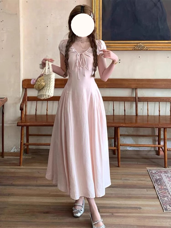 Sweet Guo Sister ピンク気質 V ネックウエスト A ラインドレス女性の夏のレトロなルーズ痩身フレンチロングスカート|undefined