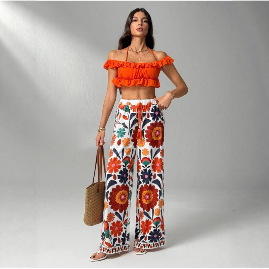 Cross-Border European and American Amazon Women's Bohemian Style Tropical Loose Women's Pants 3D Printed Bootcut Pants