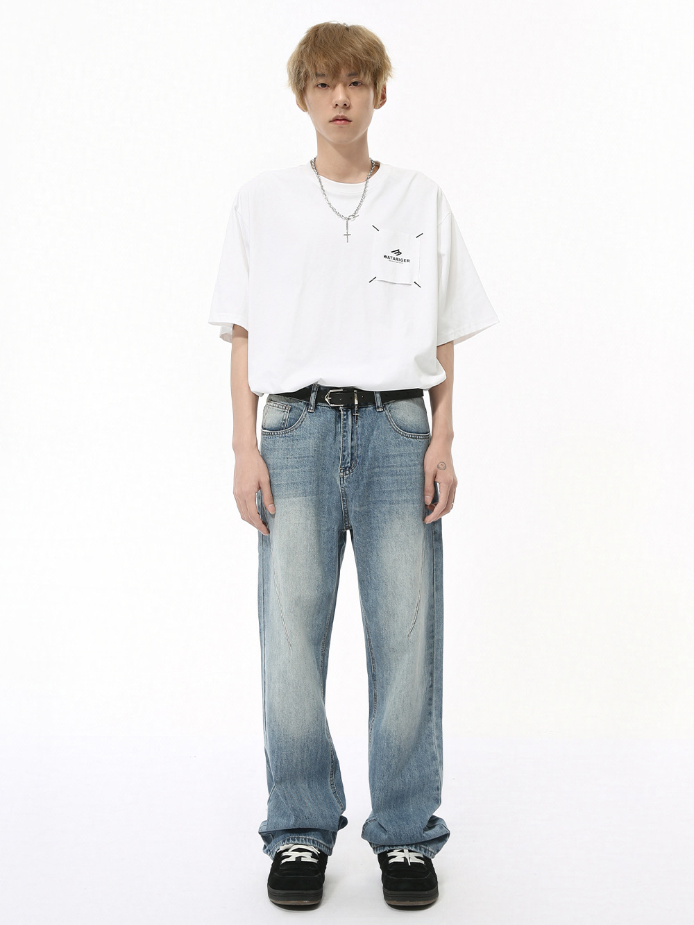 MTLCLOTHES Hombres| Otoño retro hacer viejos lavados molidos vaqueros blancos sueltos pantalones casuales de tope de piso