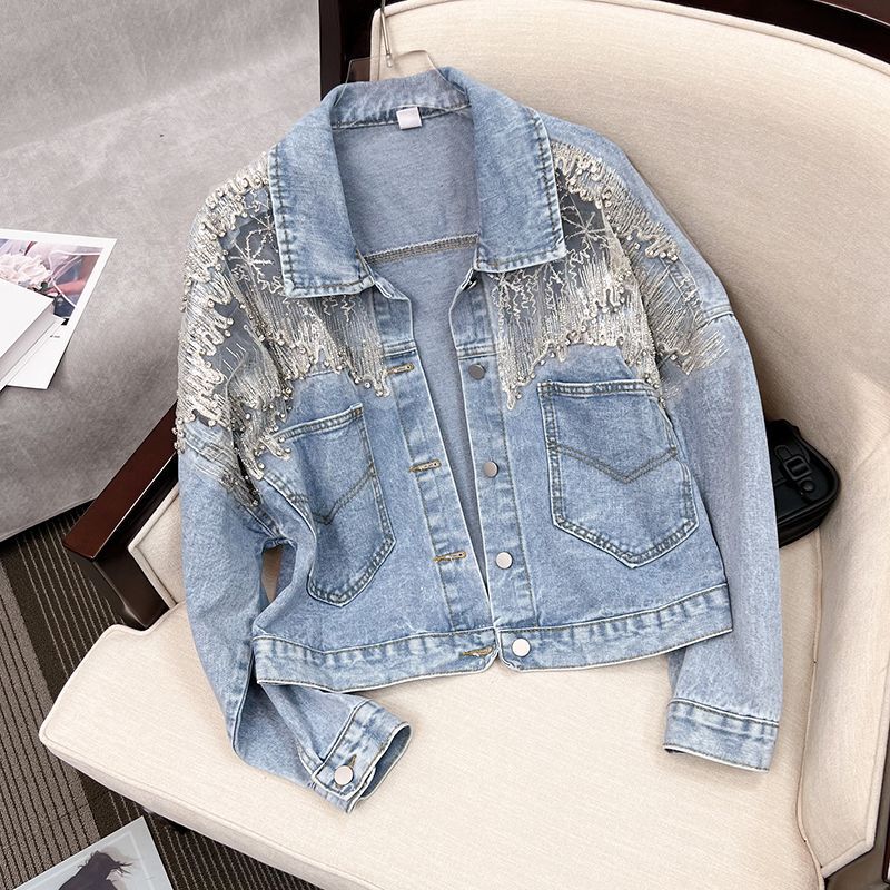 Short Denim Jacket for Women Spring and Autumn 2025 New Style Loose Korean Version Heavy Beaded Jacket Top Trendy Short Denim Jacket for Women Spring and Autumn 2025 New Style Loose Korean Version Heavy Beaded Jacket Top Trendy