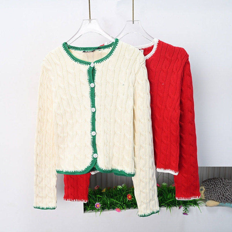 Siqi Women's Clothing 268/24 American Single Embroidery Chunky Knit Cotton Yarn Cable Knit Contrast Trim Casual Long Sleeve Knit Cardigan