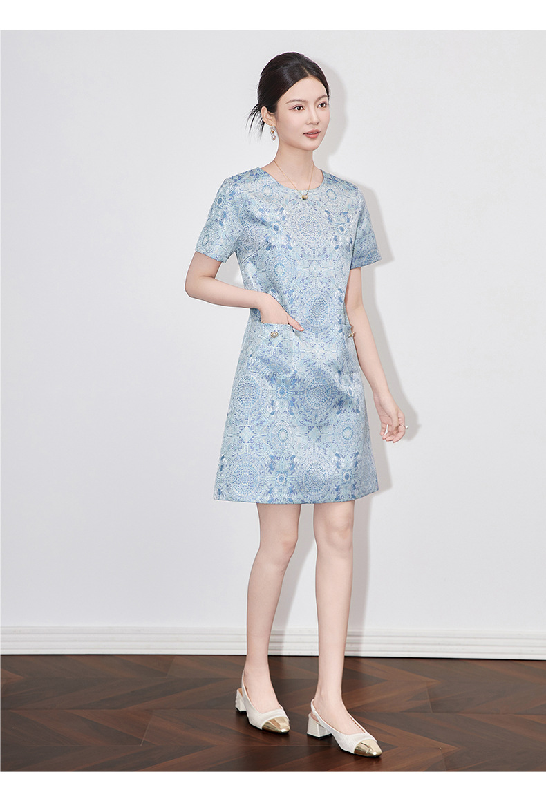 Váy chữ A jacquard lụa vàng phong cách quốc gia tay ngắn chất lượng cao — Màu xanh lam chi tiết 9