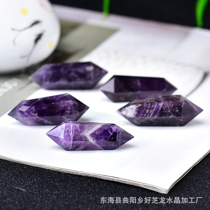 天然梦幻紫双尖柱六陵水晶柱吊坠饰品项链 原石打磨   工艺品