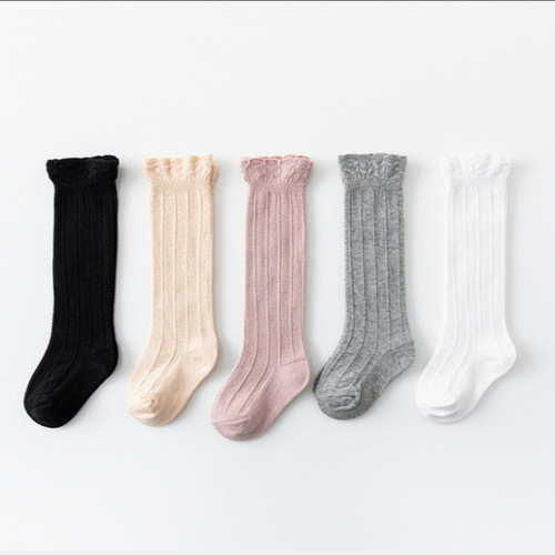 Summer and Autumn Baby Knee-High Socks, Cotton Women Baby Socks, Vertical Striped Double-Knitted Children's Socks, Amazon Ruffled Knee-High Socks