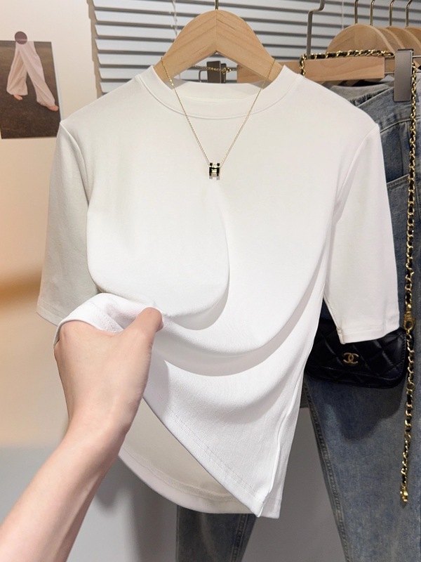 モーダル黒正肩中袖tシャツ女性夏春ねじ半袖丸襟修身五分袖底上着|undefined