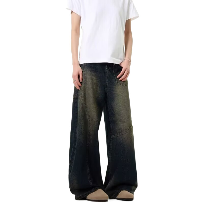 Men's Clothing retro distressed straight jeans for men spring and autumn new high waist loose slim drape high street wide leg pants_ipsvogv.com