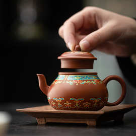 【原矿紫砂】复古国风朱泥紫砂大红袍鎏金泡茶壶茶杯套装功夫茶具