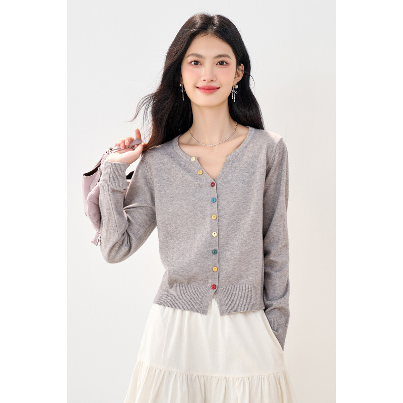 Sen 7276 New Knitted Knitwear Women's Autum Long-Sleeved Pure Color Cardigan Small Outwear Korean Style Short Small Knitwear Women
