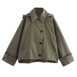 亚马逊批发秋季欧美女装百搭纯色翻领单排扣长袖口袋连帽风衣外套