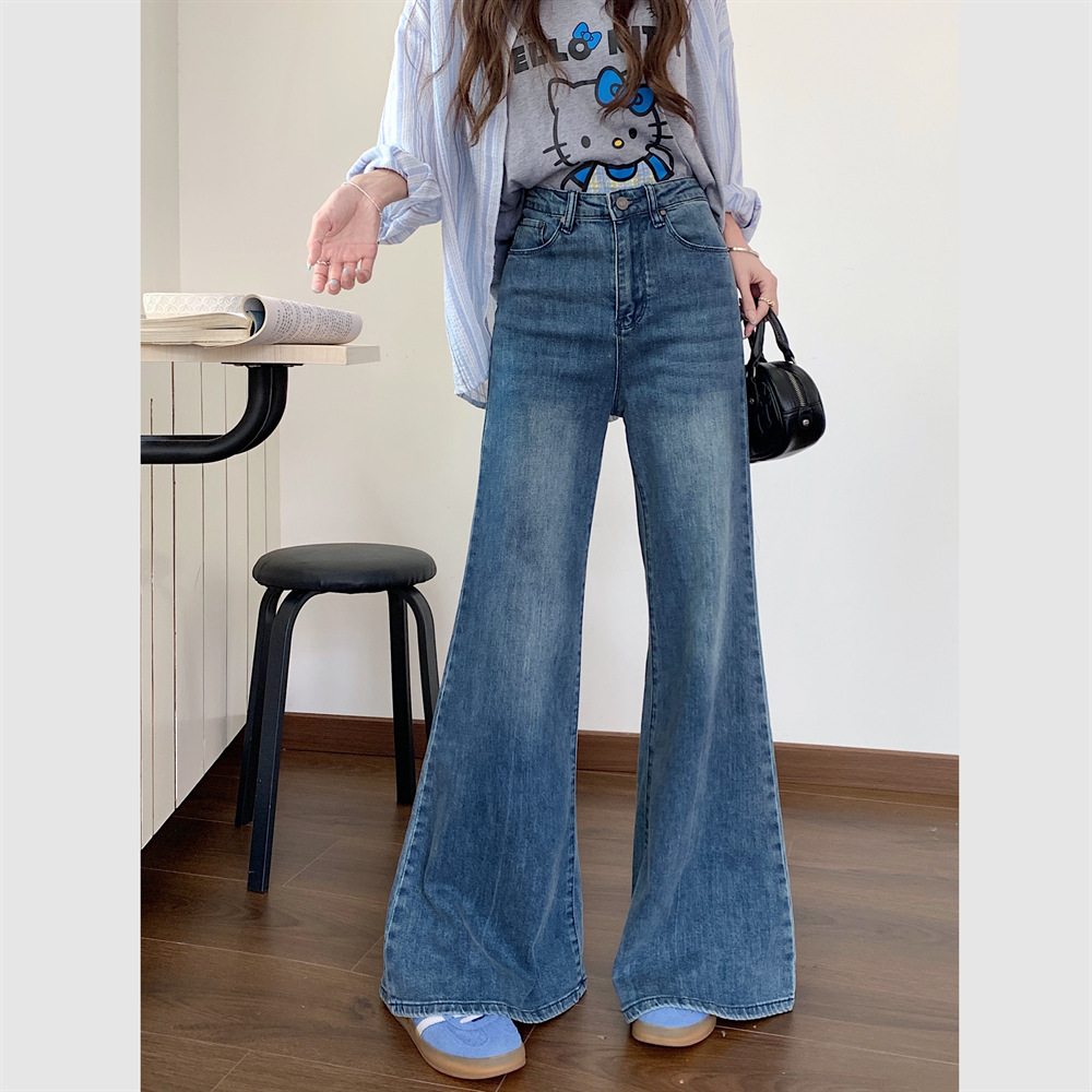 American-style washing jeans early autumn high waist slimming retro versatile bell-bottom pants wide-leg droop floor pants
