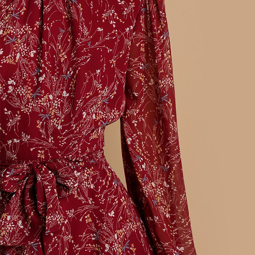2026 New Spring Women's Clothing Cross-Border European And American Dresses Casual Floral Long-Sleeve Tie-Waist Ruffle_ecoleips.com