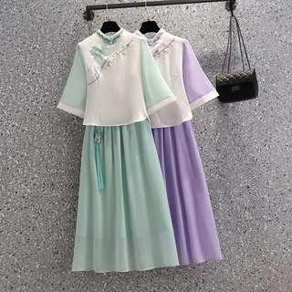 旗袍上衣刺绣紫罗兰裙装两件套中式民族服装汉服改良复古禅茶服夏