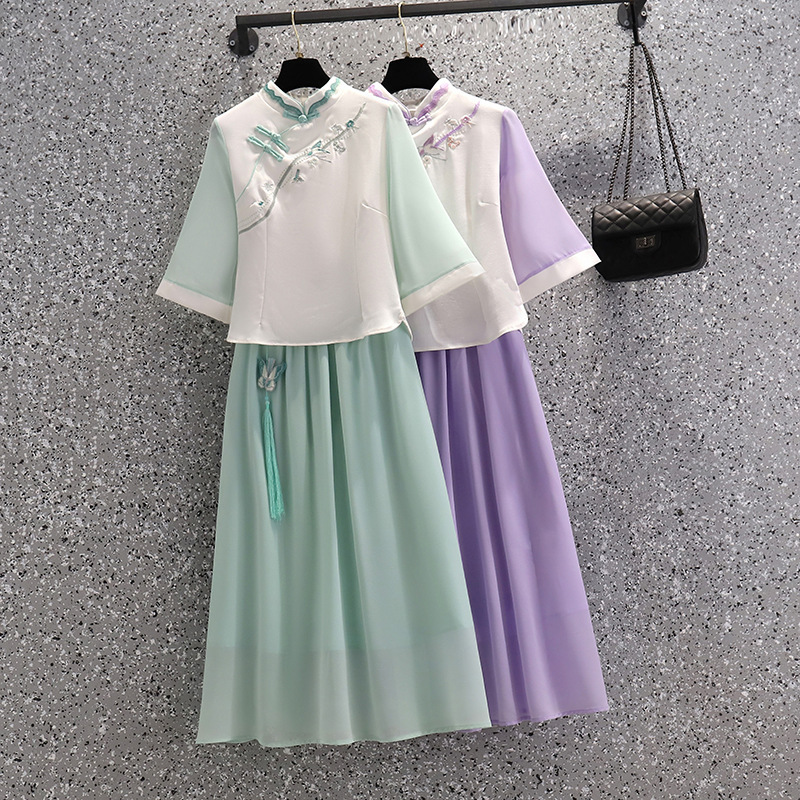 Cheongsam Top Embroidered Violet Dress Two-Piece Chinese Ethnic Costume Hanfu Improved Retro Zen Tea Suit for Summer Cheongsam Top Embroidered Violet Dress Two-Piece Chinese Ethnic Costume Hanfu Improved Retro Zen Tea Suit for Summer