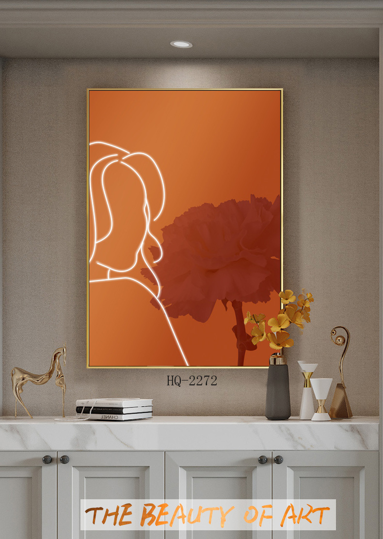 北欧简约现代莫兰迪植物抽象线条美女花瓶橙色客厅装饰画图片画芯