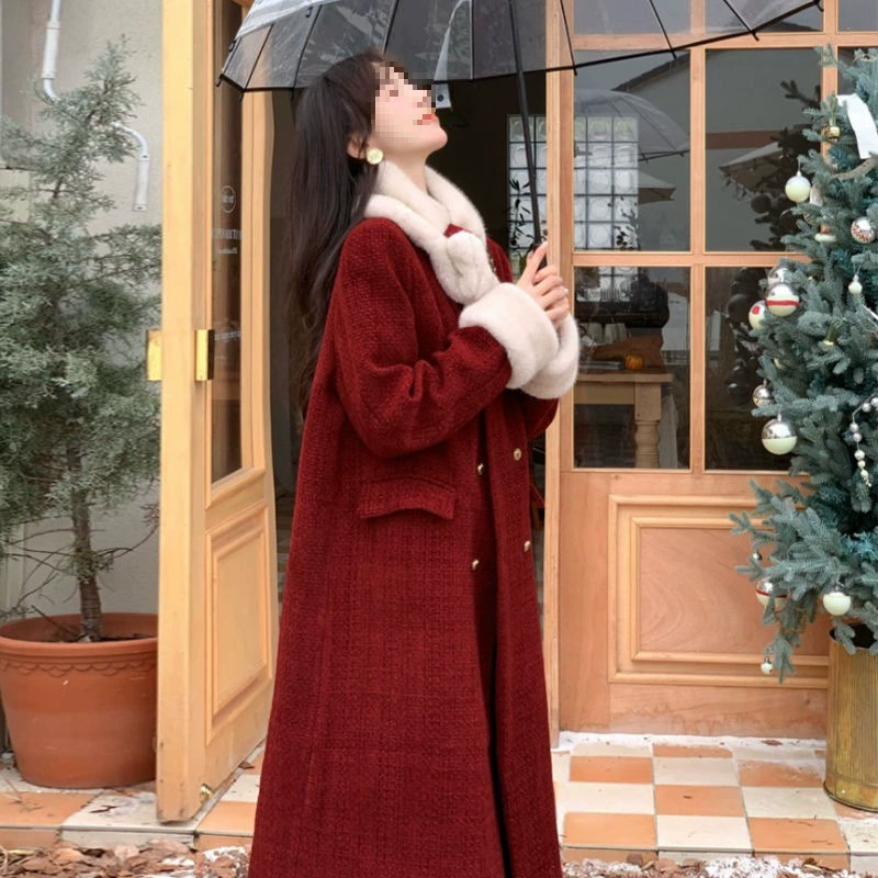 Осенний и зимний темперамент ретро маленький ароматный ветер красный шерстяной матин плюс флисовая куртка