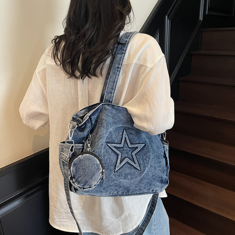 新款复古牛仔托特包大容量上课书包百搭单肩斜挎女包五角星手提包