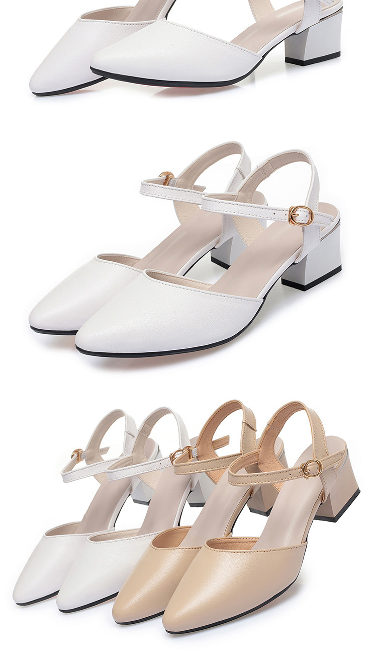 Sandal cao gót nữ mũi nhọn bít mũi da thật gót thô — Màu trắng chi tiết 17