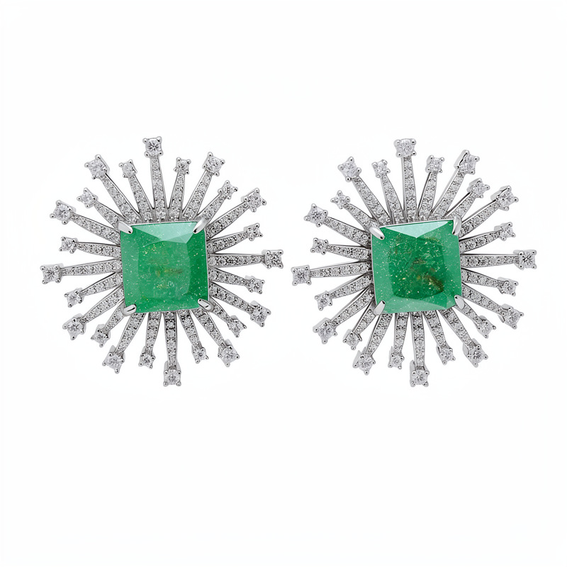 Medieval vintage aguja de plata zircon cuadrado pernos de aretes de fuegos artificiales estilo retro pendientes de nicho ligero lujo alta sensación de aretes