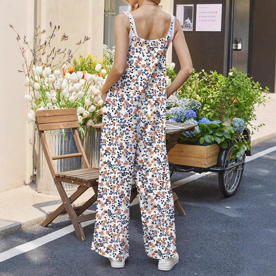 2025 European and American New Summer American Style Hot Girl Adjustable Shoulder Strap Printed Casual Sling Floral Jumpsuit