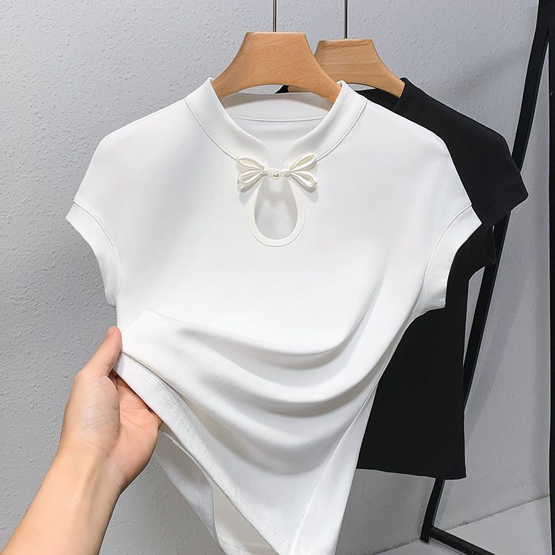 Camiseta de manga corta de cuello vertical para mujeres verano 2025 nueva camiseta de algodón de manga de color sólido de estilo chino nueva camiseta de hebilla de estilo chino