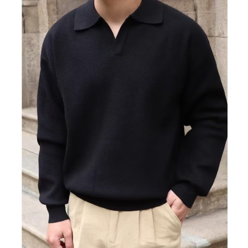 Solid Color Shirt Collar Men's Long-Sleeved Collar Outer Wear Autumn Top Trendy Fake Two-Piece Knitted Sweater Men's Korean Style Slim Fit