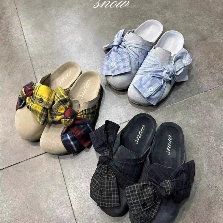 法式厚底勃肯鞋女2025夏季新款复古真皮百搭蝴蝶结懒人包头半拖鞋