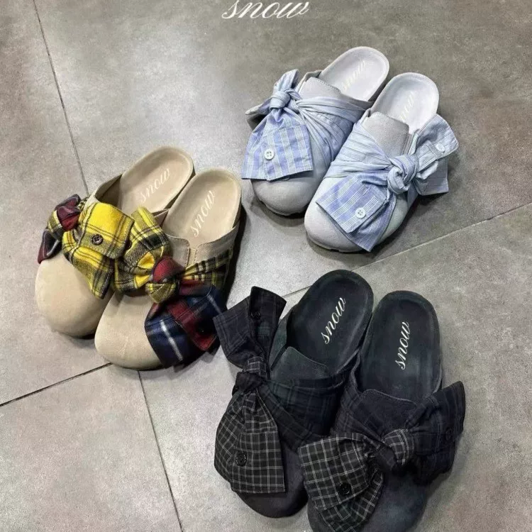 Summer footwear platform, universal slippers with bow, french style, genuine leather