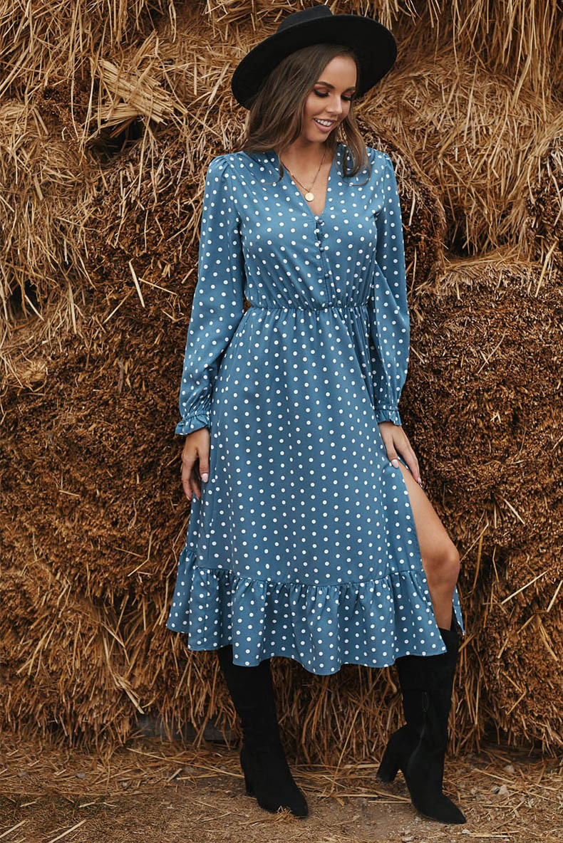 Wave Dot Print V-Neck Long-Sleeved Hedging Slit Dress NSQSY78175