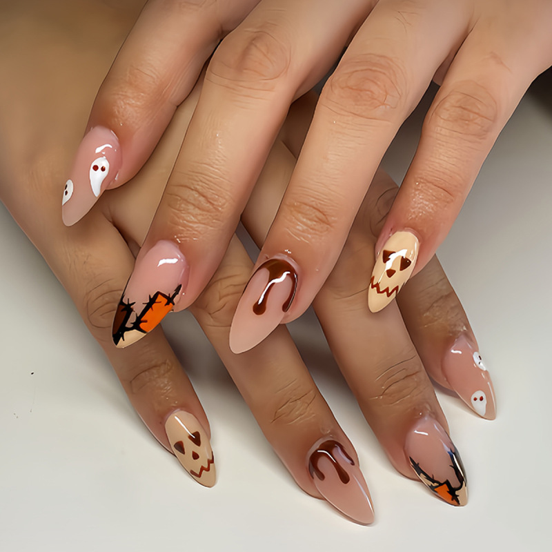 Cross-Border Hot-Selling 24-Piece Medium-Length Almond Nails Halloween Nails Cool Ghost Face Ghost Patch Blood Drop Fake Nails