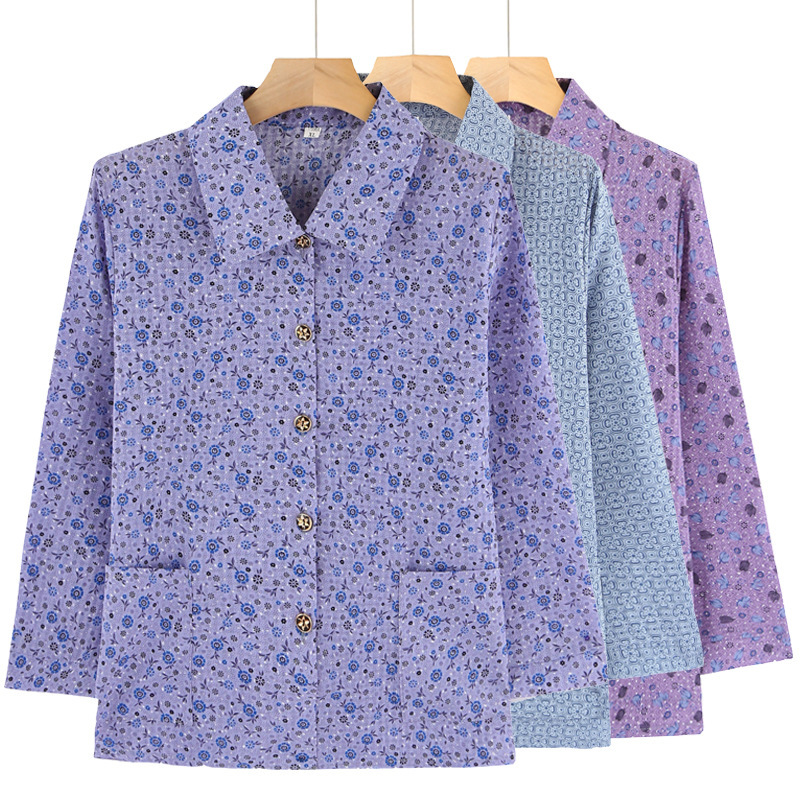 Grandma's summer long-sleeved chiffon shirt 70-year-old mother lapel shirt Old Lady Cardigan old women's clothes