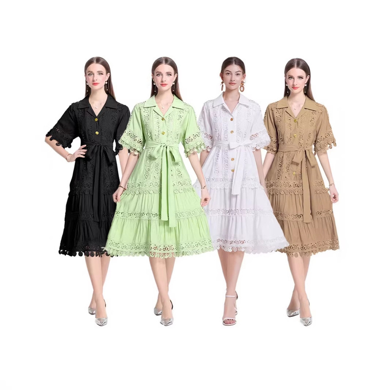 2026 Cross-Border Loose Shirt Dress Spring Women's Short-Sleeve Lace Hollow-Out Embroidered Dress with Tie