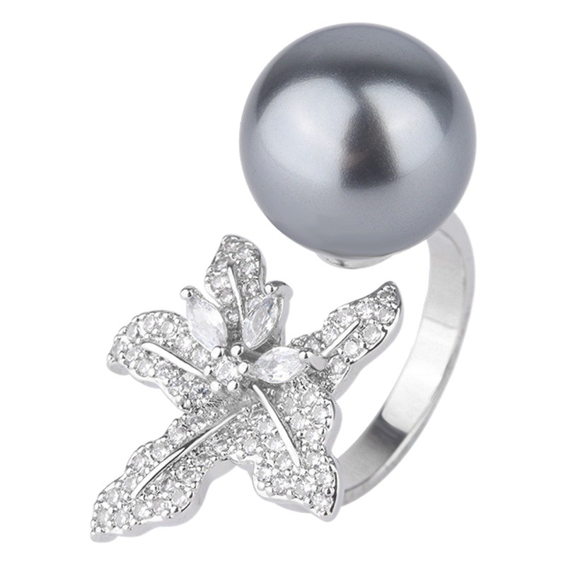 Zhuang Sheng joyas de cobre plateado con incrustaciones de platino Aobei madre perla diamante incrustado flor abierta de las mujeres anillo ajustable 14mm