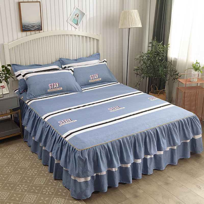 Falda de cama coreana Falda de cama de algodón de imitación agradable para la piel Funda de cama individual para dos piezas de tres piezas Funda de cama de encaje de doble capa de tres piezas image 14