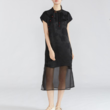 真丝旗袍式连衣裙 桑蚕丝提花花萝 新中式欧根纱长裙