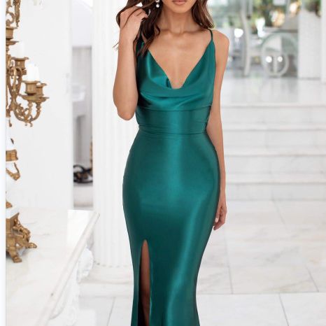 Fashion new solid color sexy sling satin evening dress lace up backless slit thigh satin prom dress