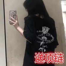 黑色短袖t恤女学生韩版宽松2024夏季新款ins玫瑰印花百搭上衣