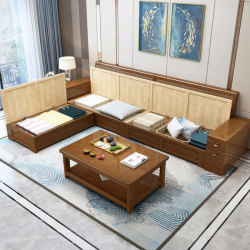 New Chinese-style solid wood sofa, home living room, large and small, winter and summer dual-use, hotel and B&B, high box storage sofa
