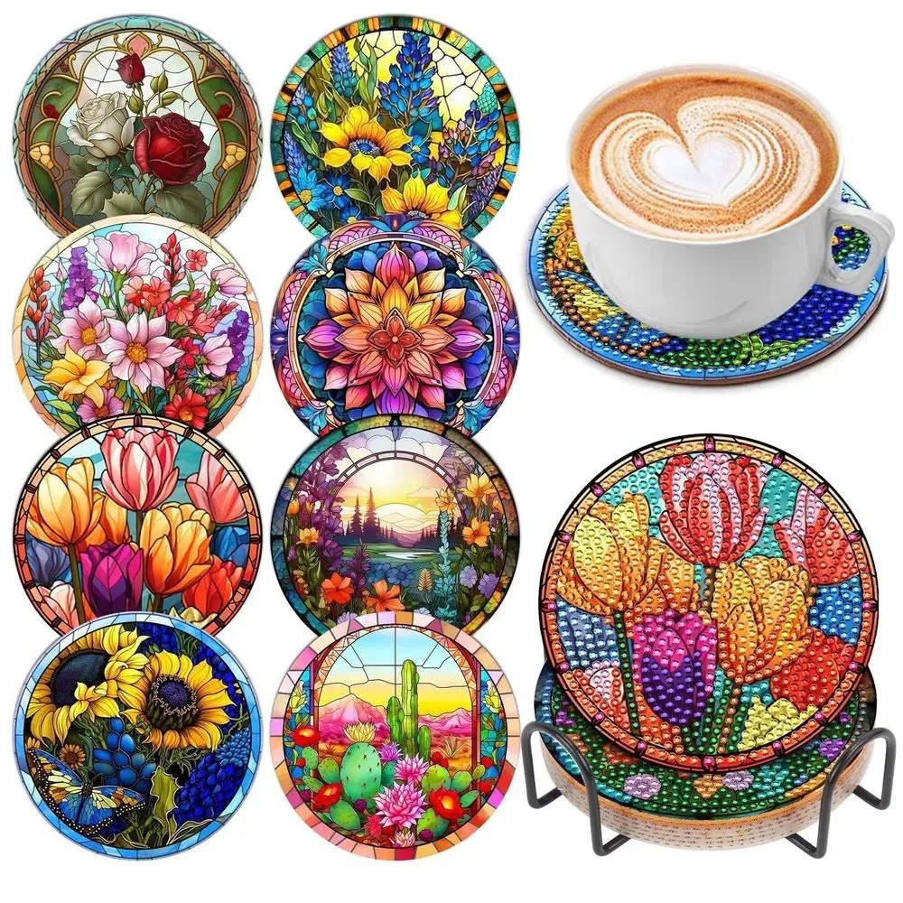 Diamante de dibujos animados almohadillas de taza letras rojas textura de madera hecha a mano puntos de perforación aislamiento térmico antideslizante diamante juguetes de pegatinas