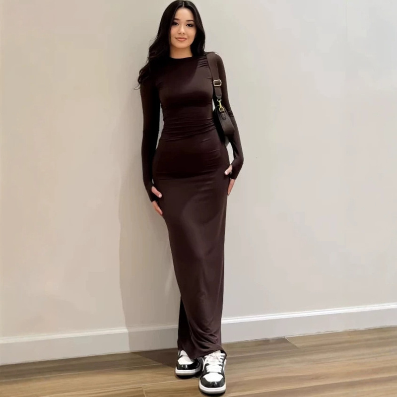 European and American Style Fashion Autumn New Women's Solid Color Round Neck Long Sleeve Waist-Cinching Bodycon Sexy Slim Dress