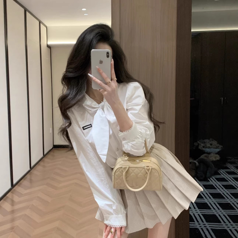 High-End Mu Brand White Bowknot Shirt with Lace Trim, Versatile Spring New Solid Color Blouse for Women, Fashionable High-End Mu Brand White Bowknot Shirt with Lace Trim, Versatile Spring New Solid Color Blouse for Women, Fashionable
