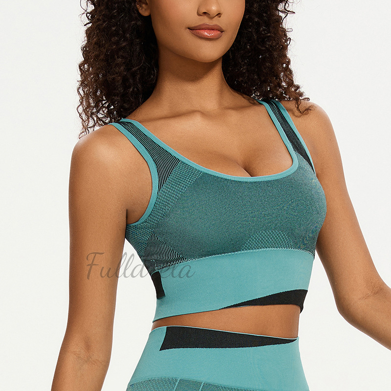 Transfronteriza explosión ropa interior deportiva mujer color contrastante cinturón de hombro amplio ropa interior sin costuras ropa interior de yoga transpirable chaleco deportivo