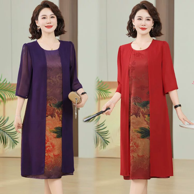 Платье в китайском стиле для мам среднего и пожилого возраста, новинка 2025 года, летняя шифоновая юбка среднего возраста, закрывающая живот, 50 лет