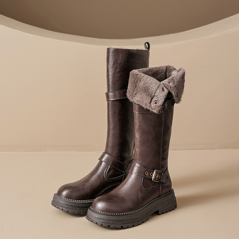 Botas Altas de Montar para Mujer de Cuero Sintético con Suela Gruesa para Otoño e Invierno
