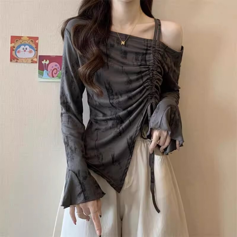 Early Autumn French Sweet and Spicy Tie-Dye One-Shoulder T-Shirt Women's Trumpet Long-Sleeved Asymmetrical Drawstring Off-Shoulder Short Top Early Autumn French Sweet and Spicy Tie-Dye One-Shoulder T-Shirt Women's Trumpet Long-Sleeved Asymmetrical Drawstring Off-Shoulder Short Top