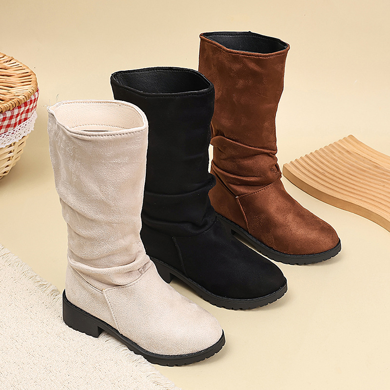 Children's Suede High-Top Chunky Heel Boots for Girls, 2026 Autumn and Winter New Style, Children's Pull-On Ruched Fashion Boots for Export